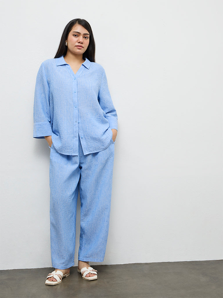 Gia Light Blue Textured High-Rise Pants