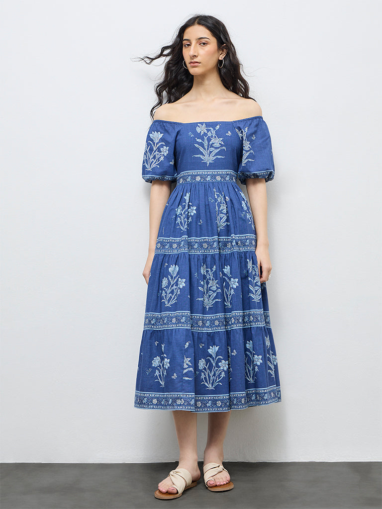 Bombay Paisley Blue Floral Cotton Tiered Dress
