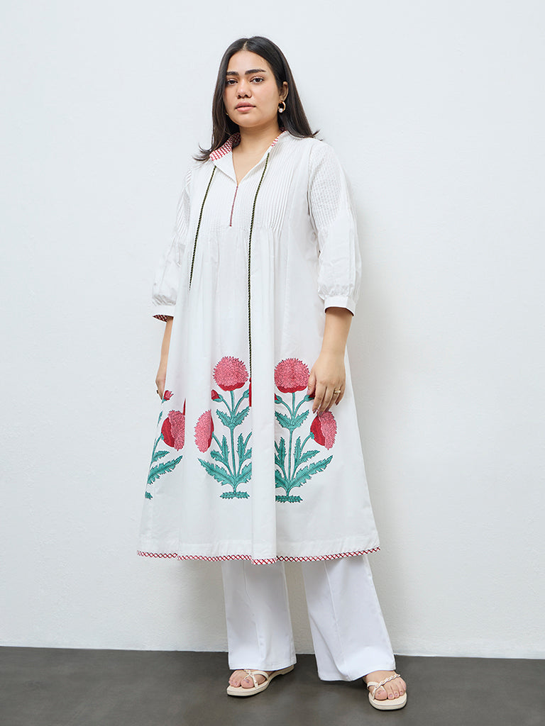 Diza White Floral Cotton A-Line Kurta