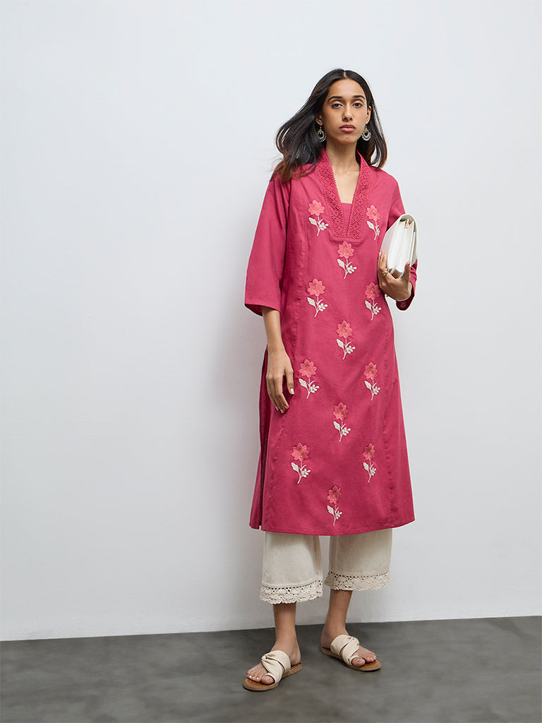 Utsa Magenta Floral Embroidered Cotton-Blend A-Line Kurta