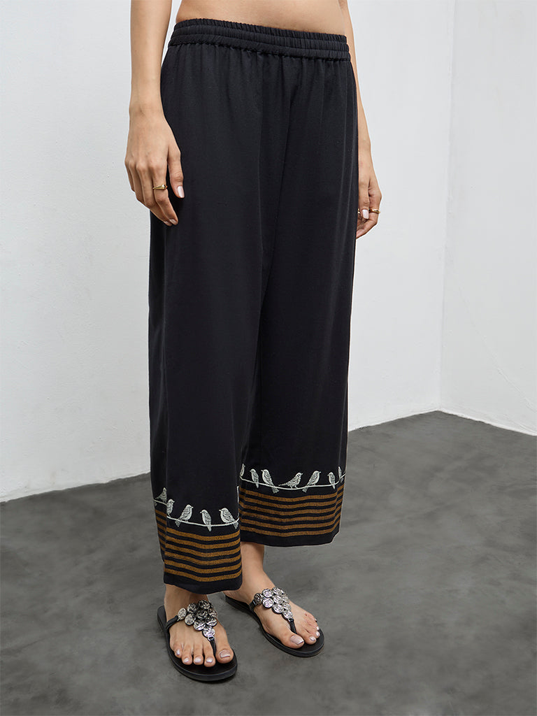 Utsa Black Printed Cotton-Blend Pants