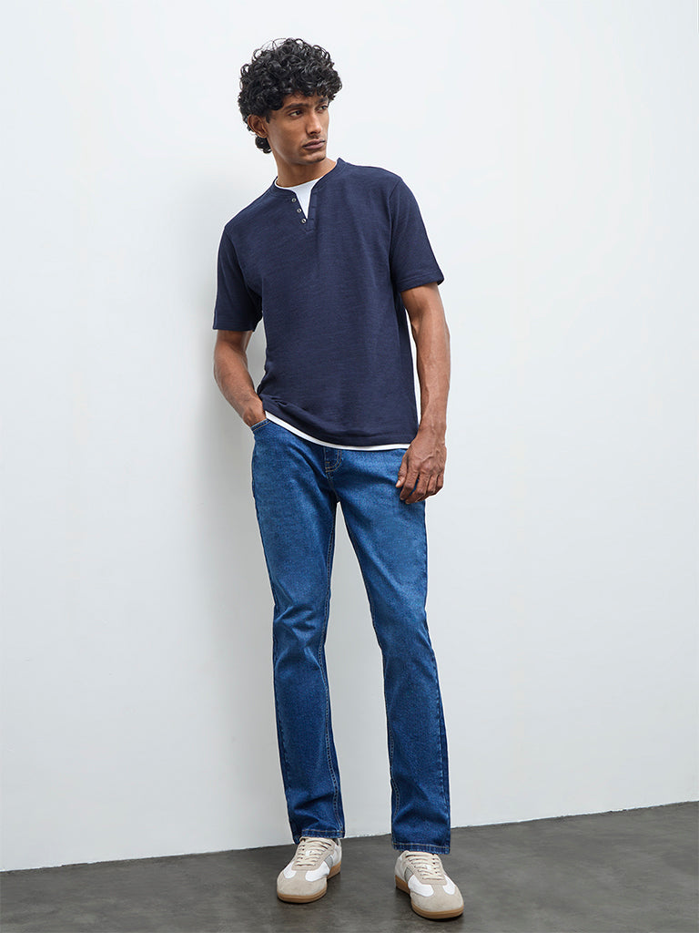 WES Casuals Blue Relaxed-Fit Mid-Rise Jeans