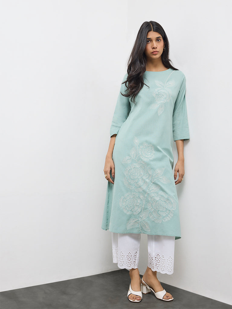 Utsa Aqua Floral Embroidered Cotton-Blend A-Line Kurta