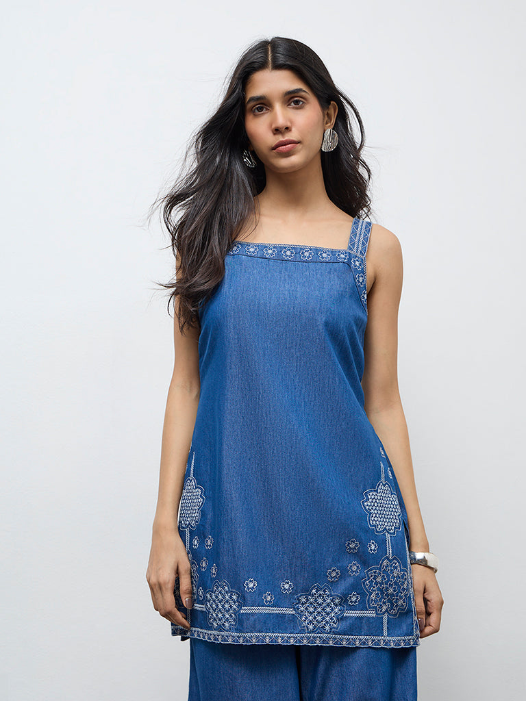 Utsa Indigo Embroidered Cotton A-Line Kurta