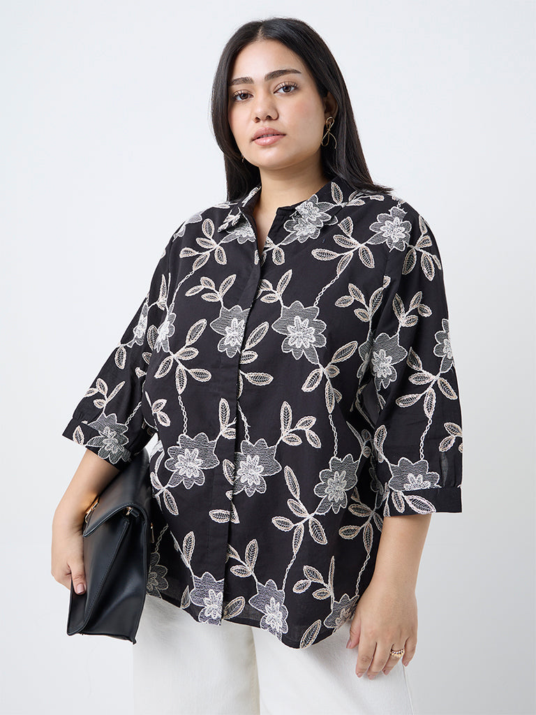 Gia Black Foliage Embroidered Cotton Blouse