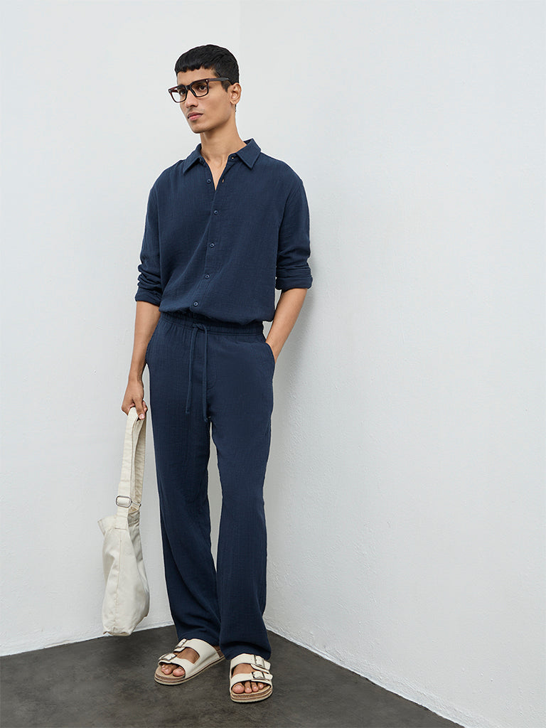 ETA Navy Textured Relaxed-Fit Mid-Rise Cotton Chinos