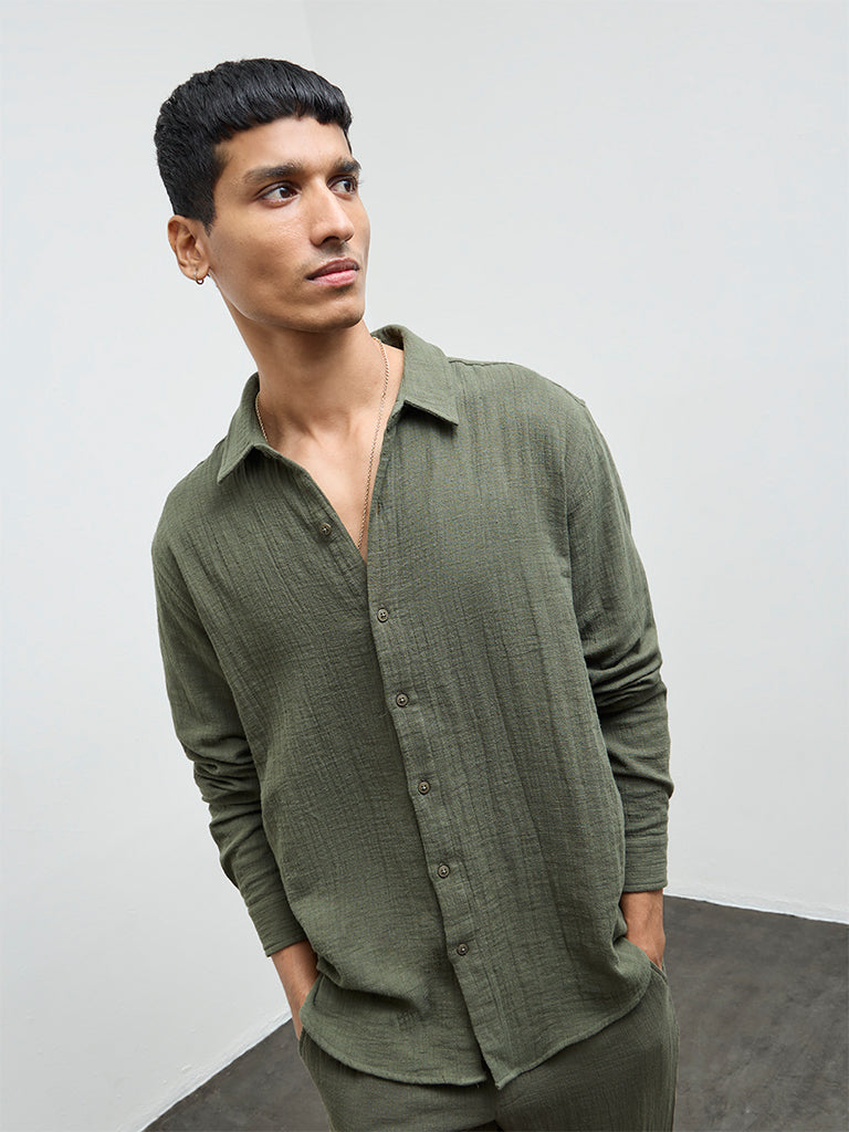 ETA Olive Textured Relaxed-Fit Cotton Shirt
