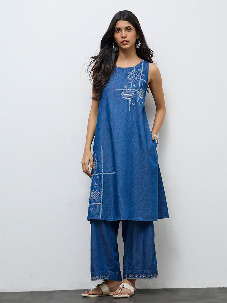Utsa Indigo Floral Embroidered Cotton A-Line Kurta