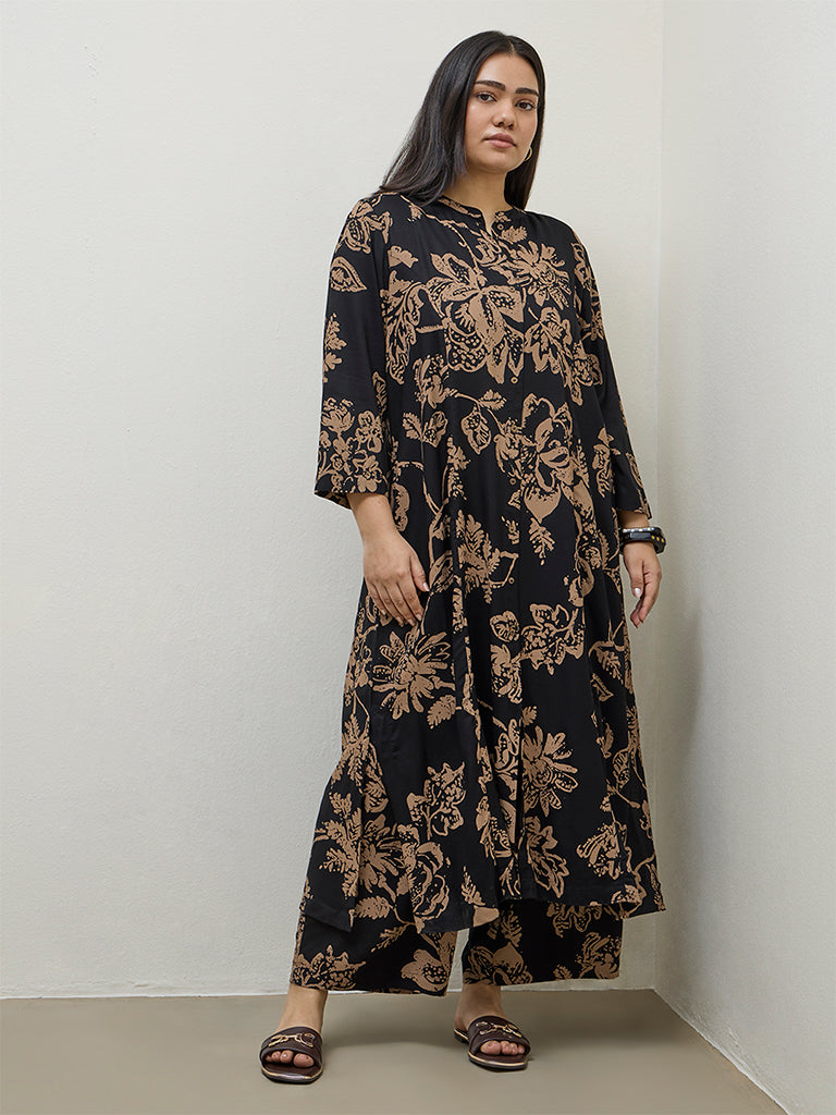Diza Black Floral Pattern A-Line Kurta
