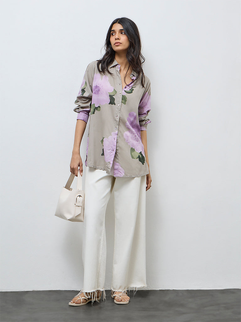 Utsa Grey Floral Pattern Cotton Tunic