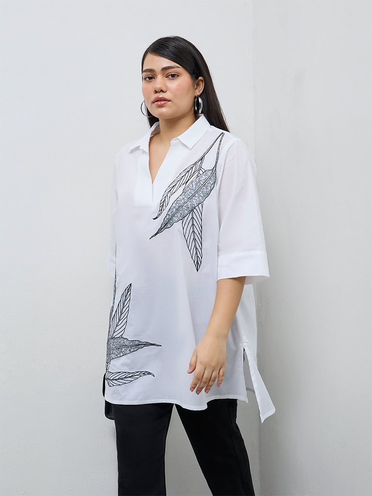 Diza White Leaf Embroidered Cotton Tunic