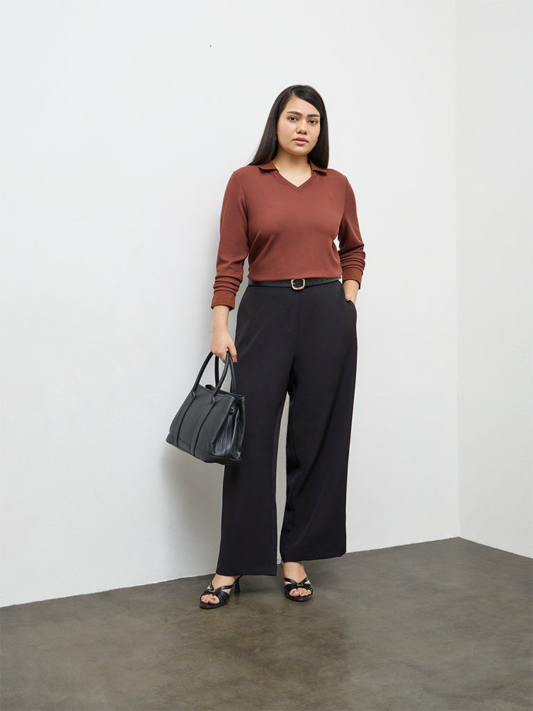 Gia Brown Ribbed-Textured T-Shirt