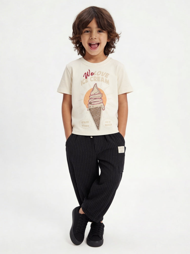 HOP Kids Boys Cream Graphic Printed Cotton T-Shirt