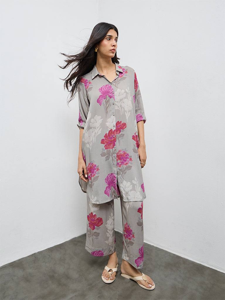 Utsa Grey Floral Pattern A-Line Kurta