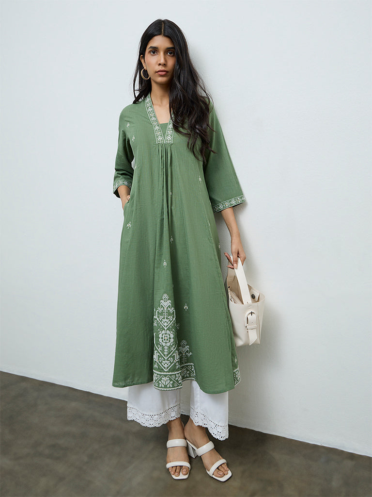 Utsa Green Embroidered Anarkali Cotton Kurta