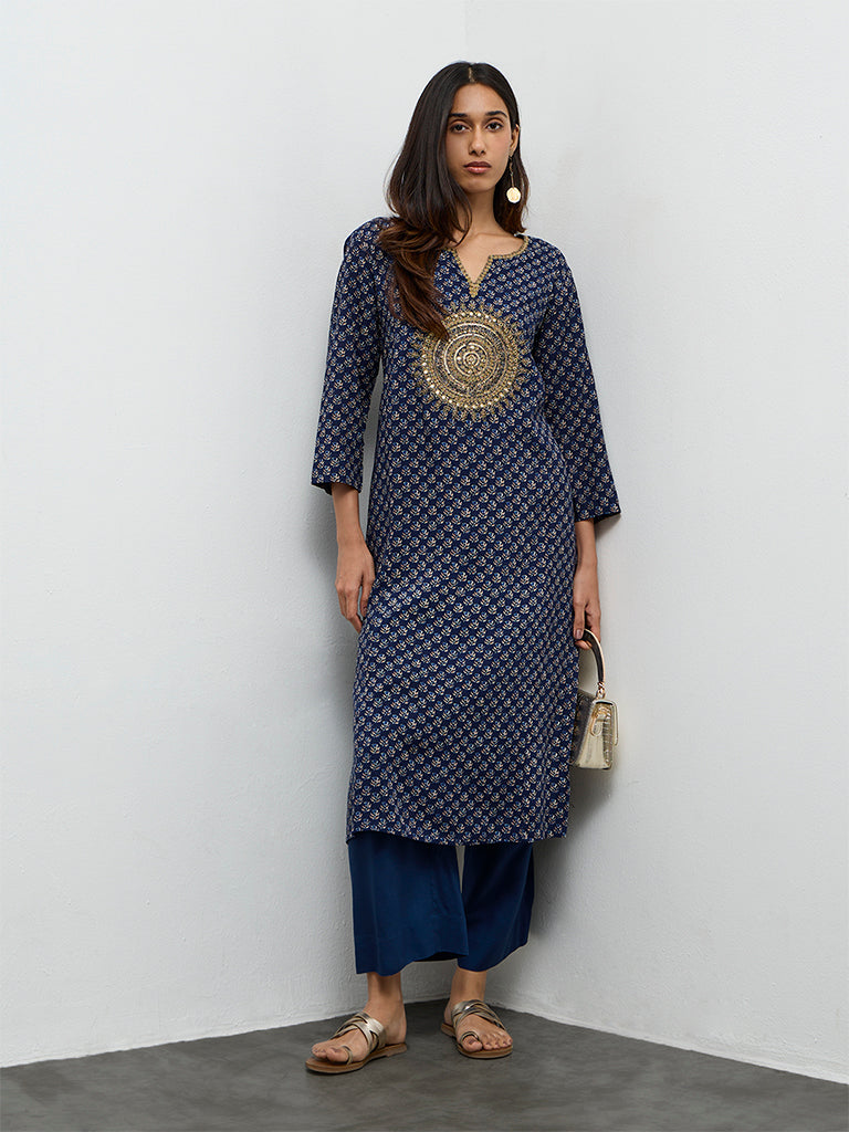 Utsa Indigo Embroidered A-Line Kurta