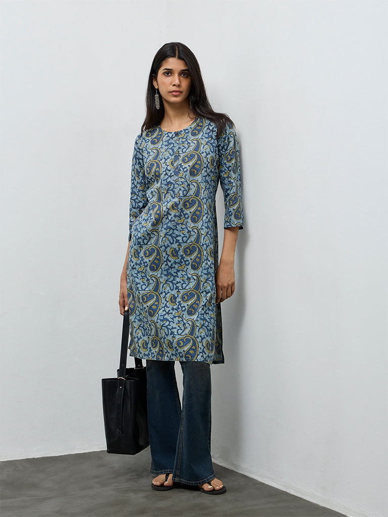 Utsa Indigo Paisley Printed Cotton Straight Kurta