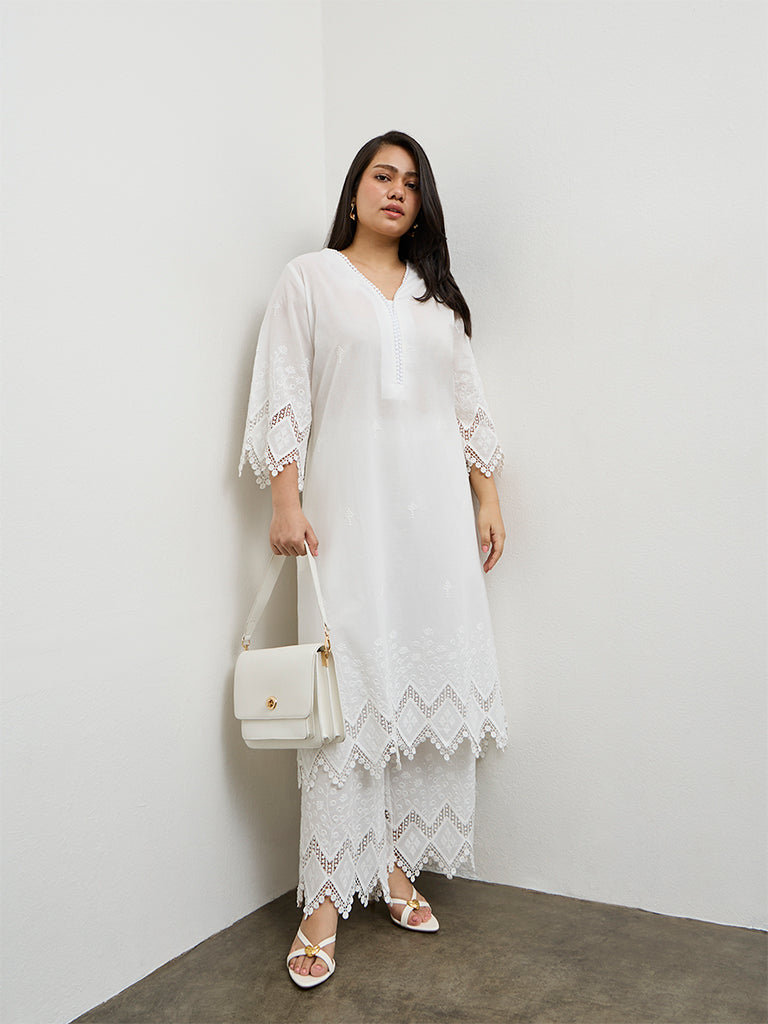 Diza White Lace-Embroidered Pants