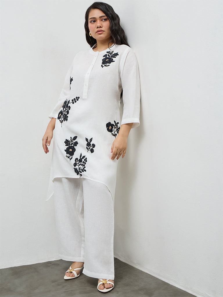 Diza White Solid Linen Pants