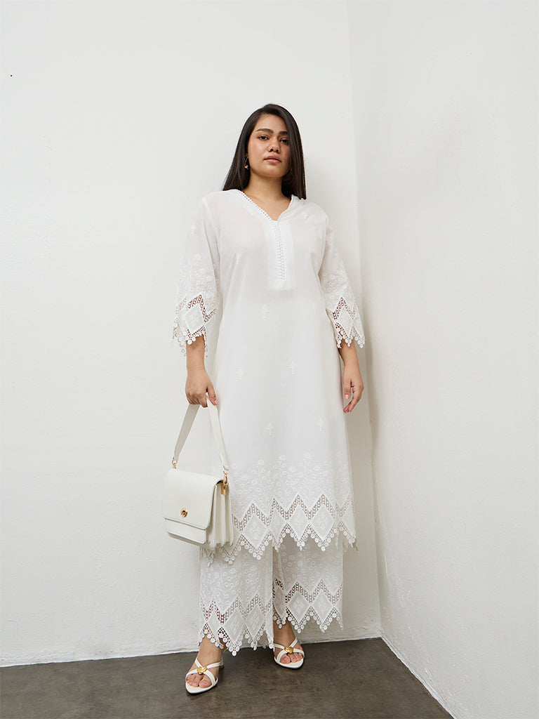 Diza White Embroidered A-Line Kurta