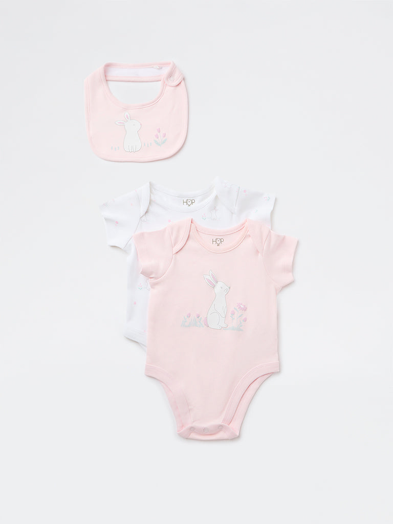 HOP Baby Girls Pink Cotton Romper and Bib -Pack of 2