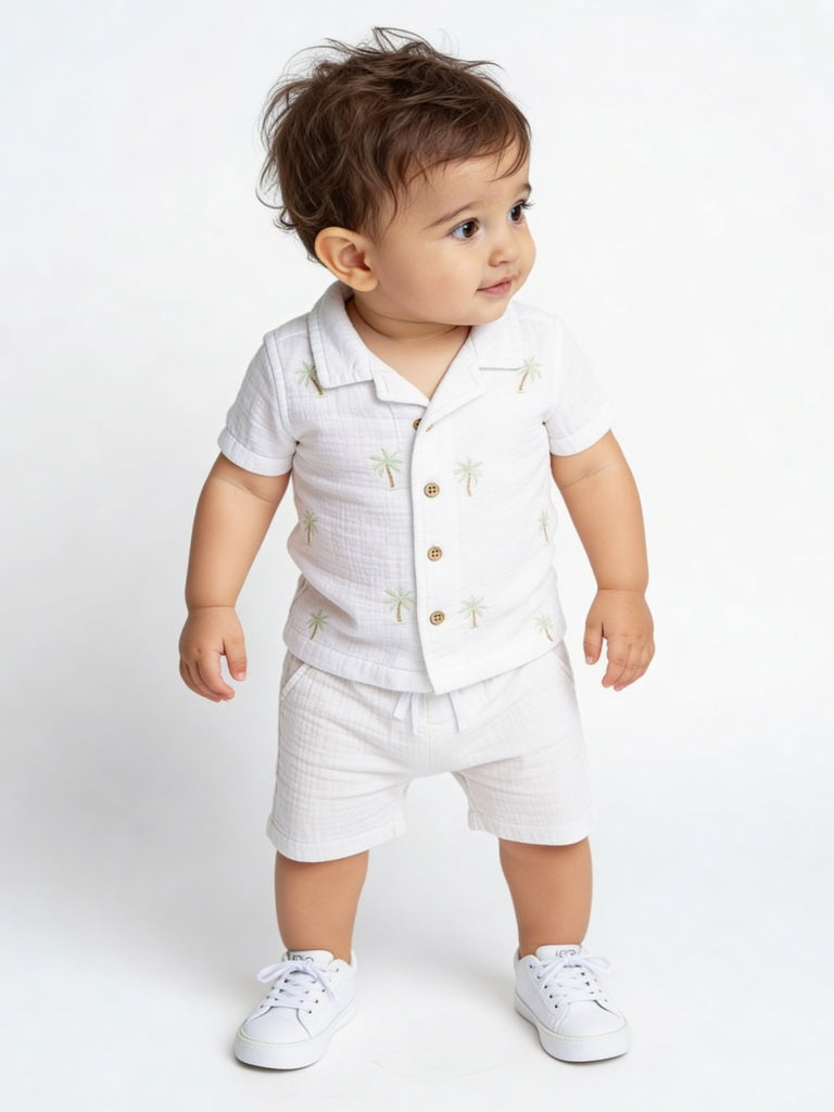 HOP Baby Boys White Embroidered Cotton Shirt and Shorts Set