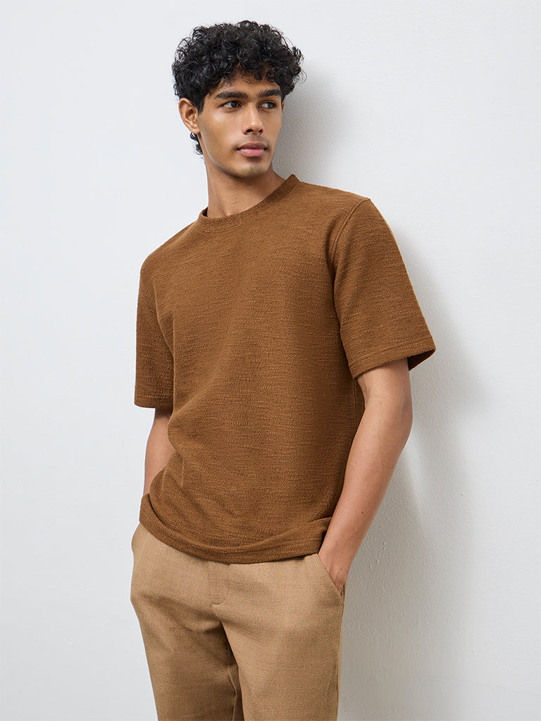 ETA Brown Textured Relaxed-Fit Cotton-Blend T-Shirt