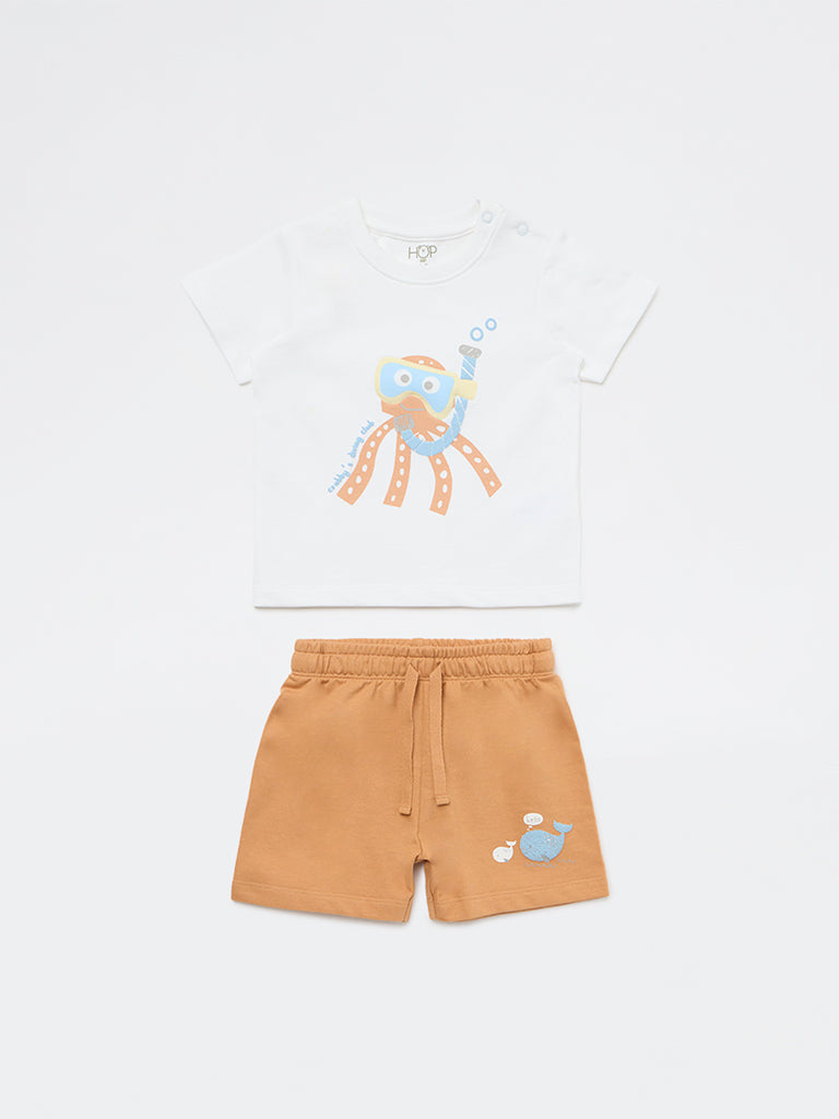 HOP Baby Boys White Printed Cotton T-Shirt and Shorts Set