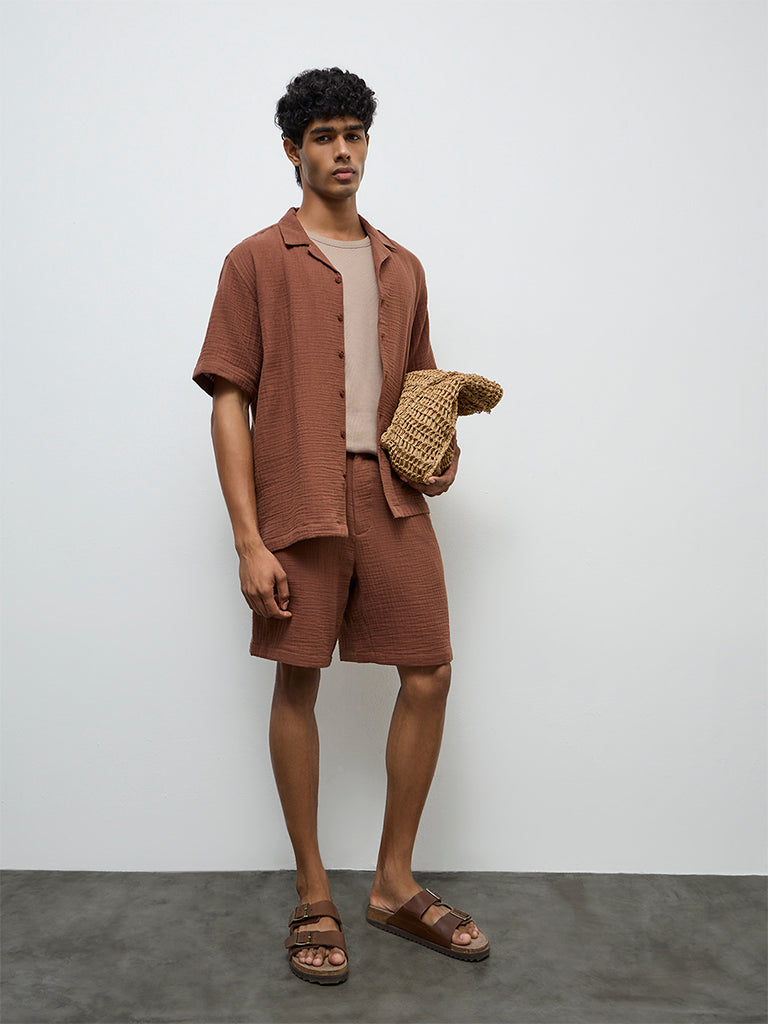 ETA Brown Crinkle-Textured Relaxed-Fit Mid-Rise Cotton Shorts