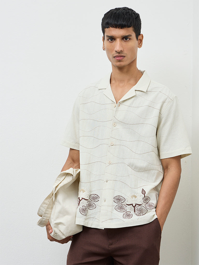 ETA Off-White Floral Embroidered Relaxed-Fit Cotton Shirt