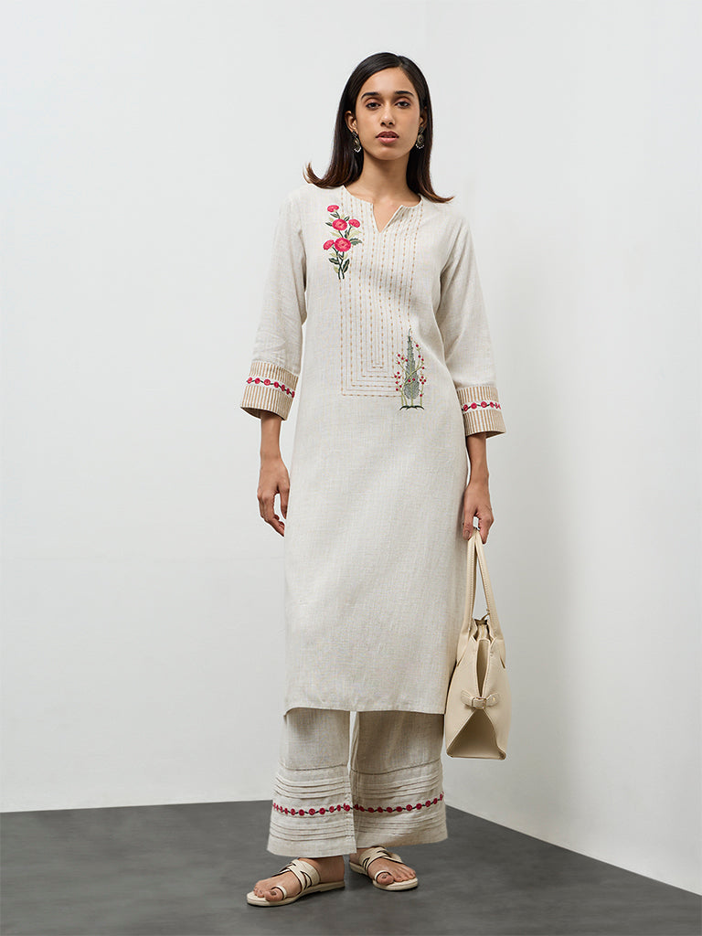 Utsa Beige Embroidered Cotton A-Line Kurta