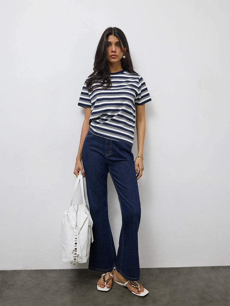 LOV Navy Striped Cotton-Blend T-Shirt