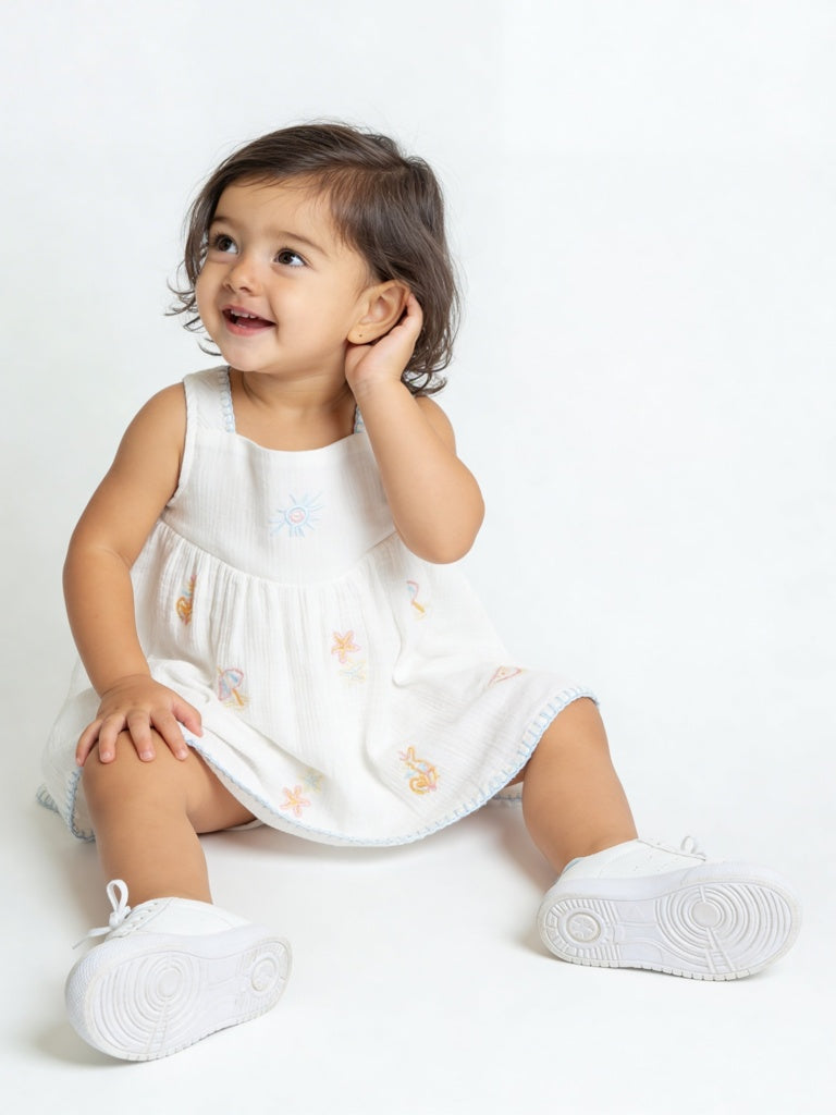 HOP Baby Girls White Embroidered Cotton Dress