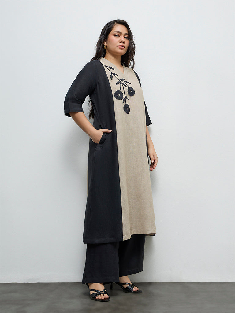 Diza Beige Floral Embroidered A-Line Linen Kurta