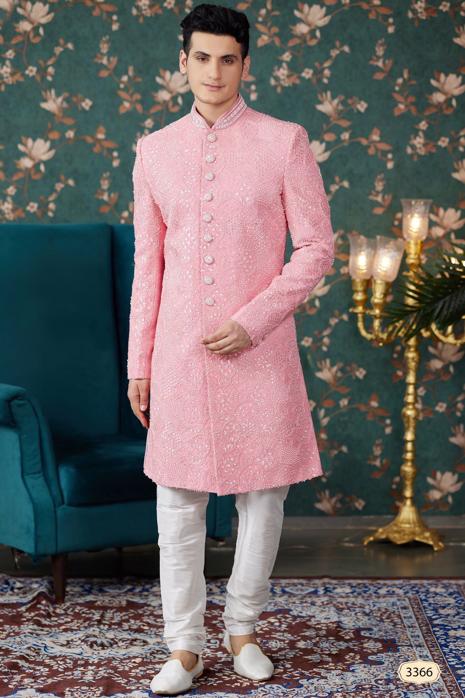 Baby Pink Art Silk Sherwani Set
