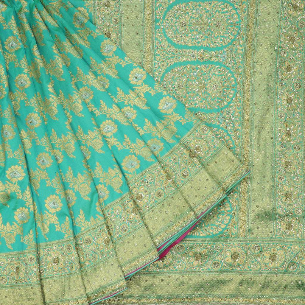 Bright Turquoise Blue Silk Saree With Floral Jaal Design