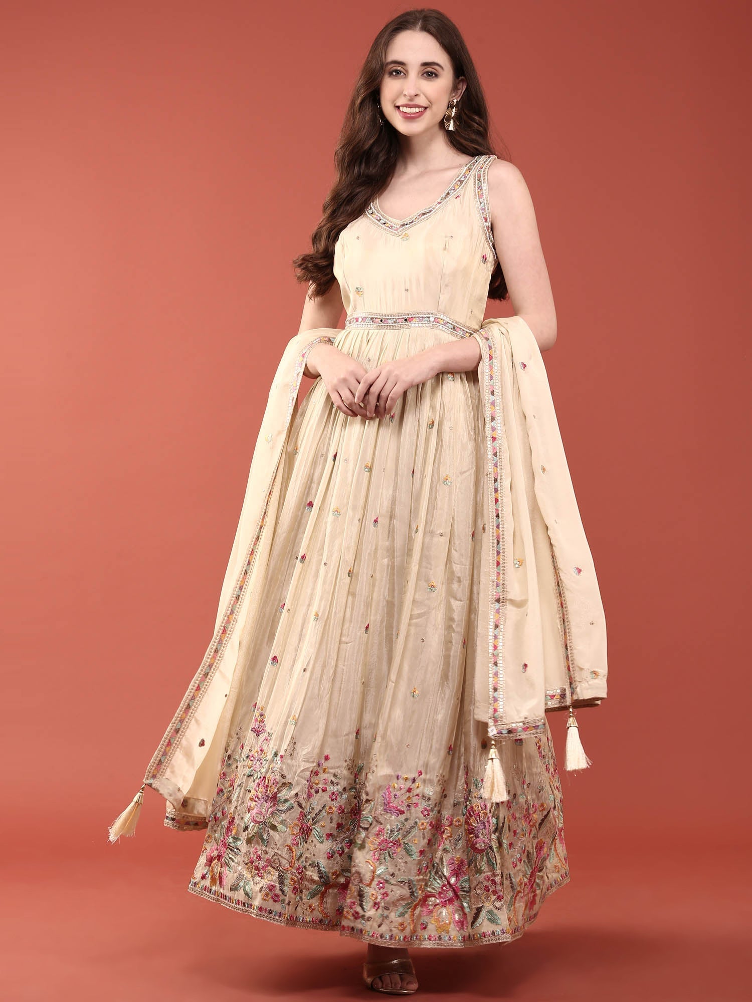 Cream Tissue Floral Embroidered Anarkali Set