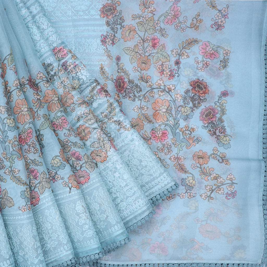 Pastel Blue Embroidery Organza Saree With Floral Print – Cherrypick