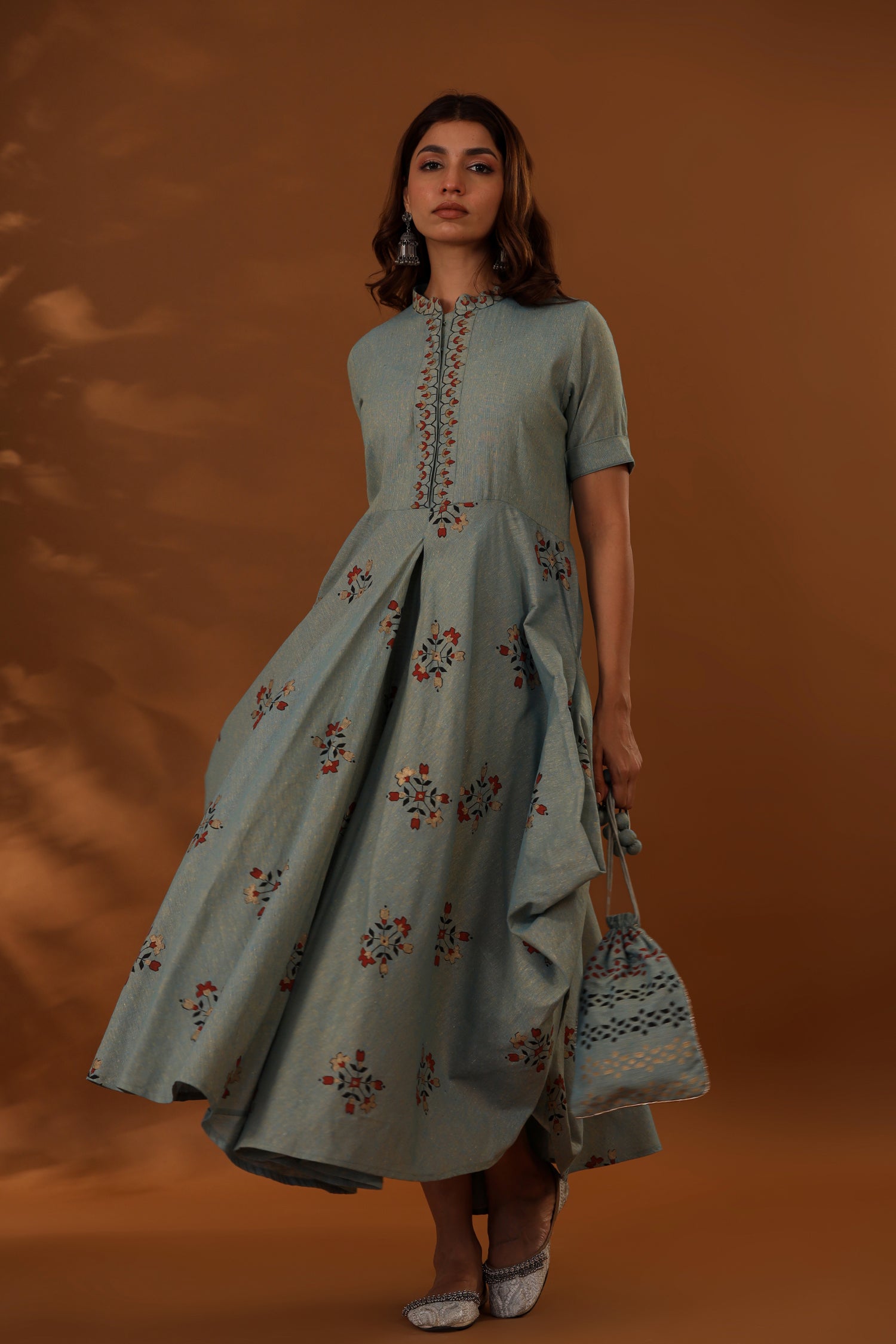 Blue Handcrafted Double Side Drape Cotton Chola Dress