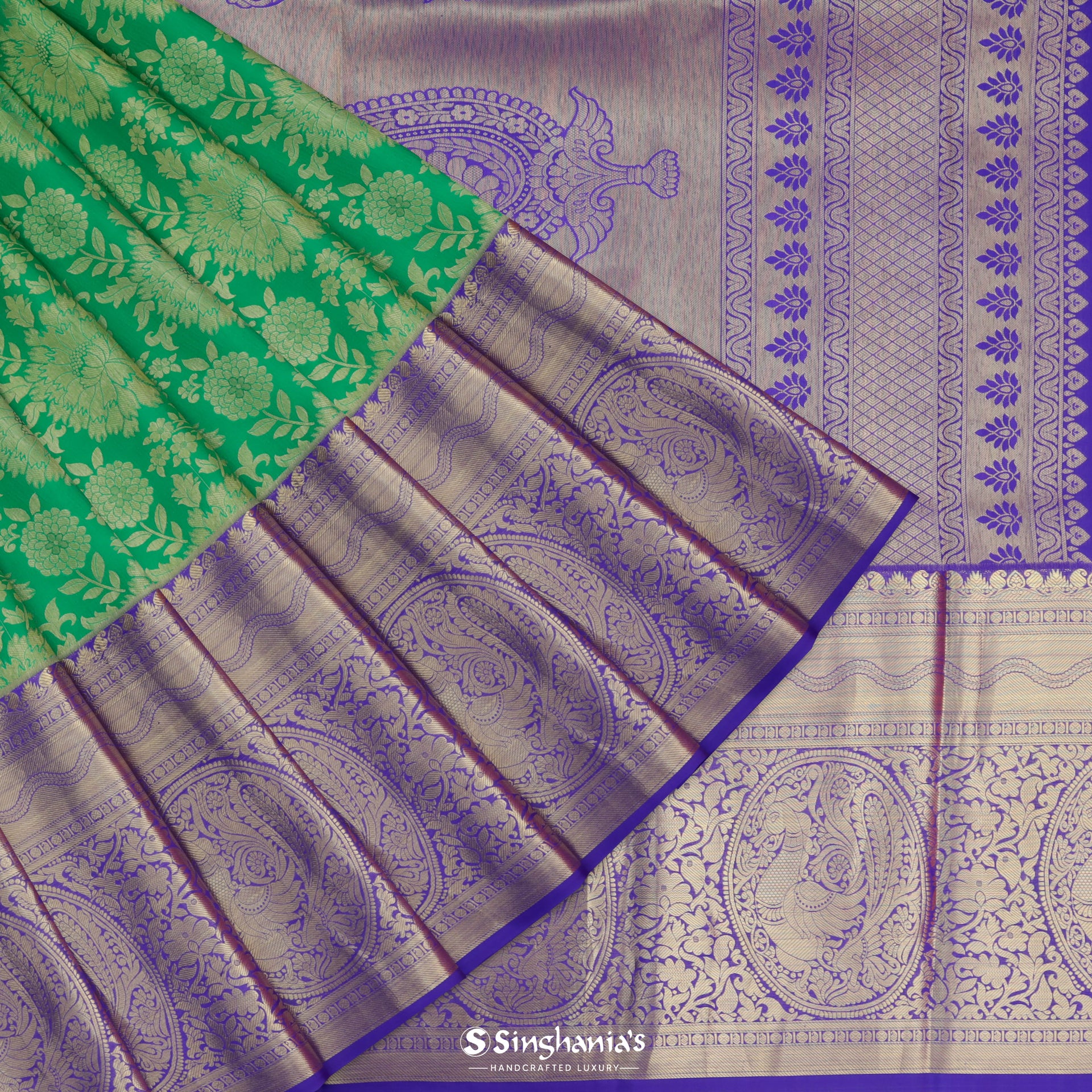 Green Kanjivaram saree with Hand embroidery – WeaveinIndia