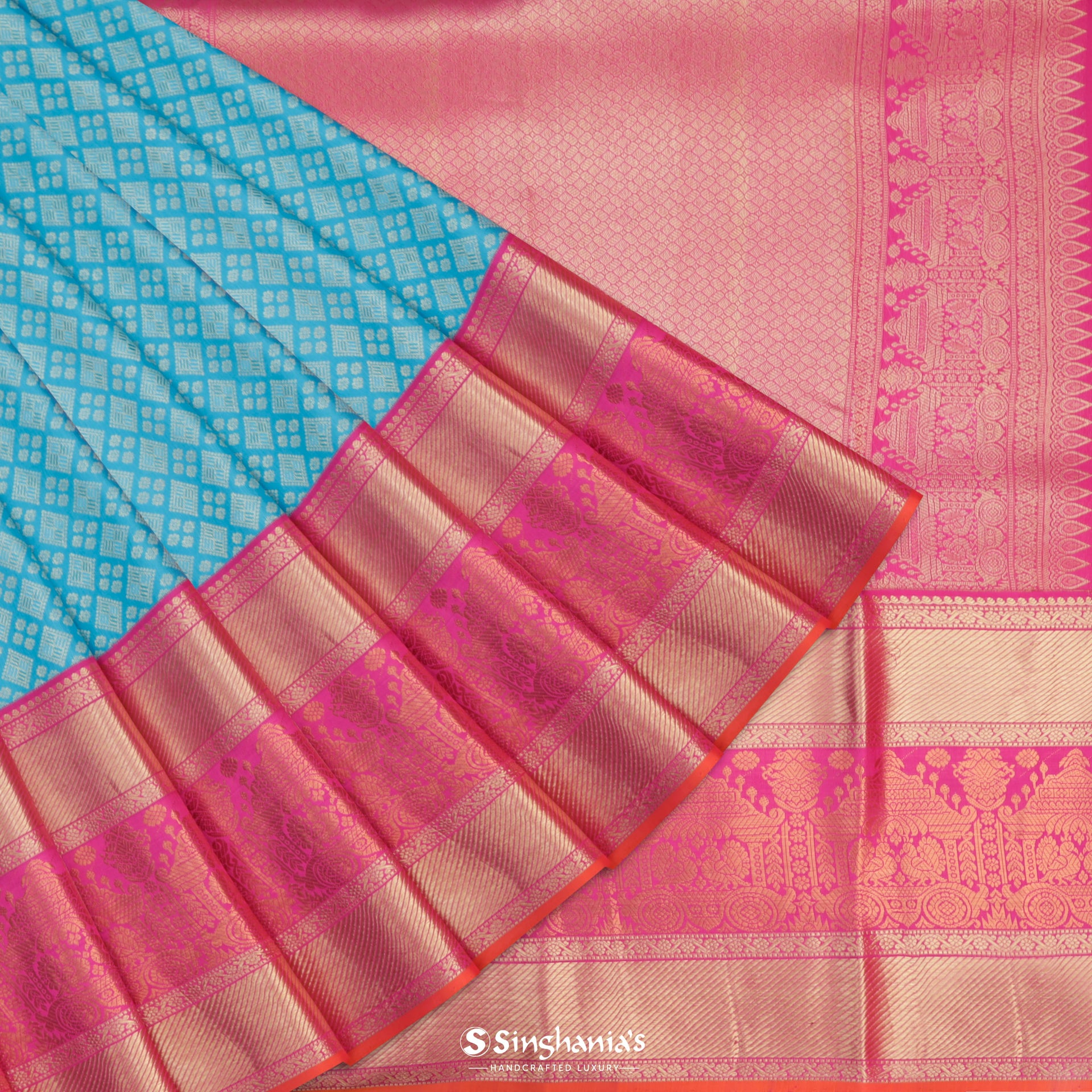 Cyan Blue Kanjivaram Silk Saree With Jaal Design | Singhania's