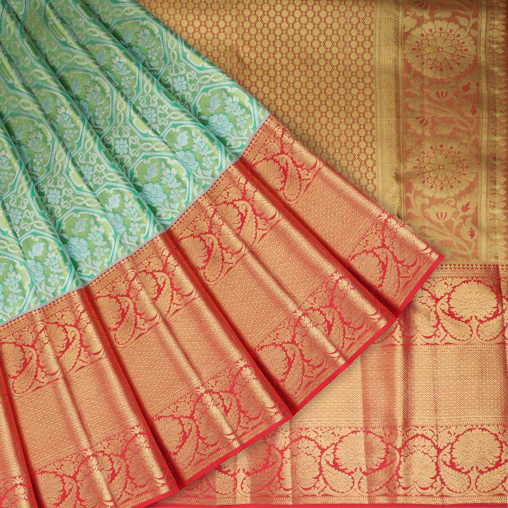 Turquoise Blue Kanjivaram Silk Saree With Floral Motif Pattern