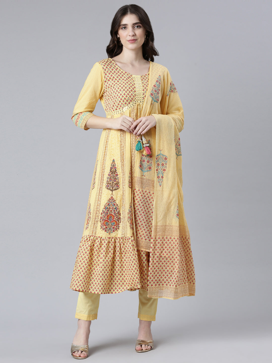 Neeru's Yellow Regular Flared Printed Kurta And Trousers With Dupatta