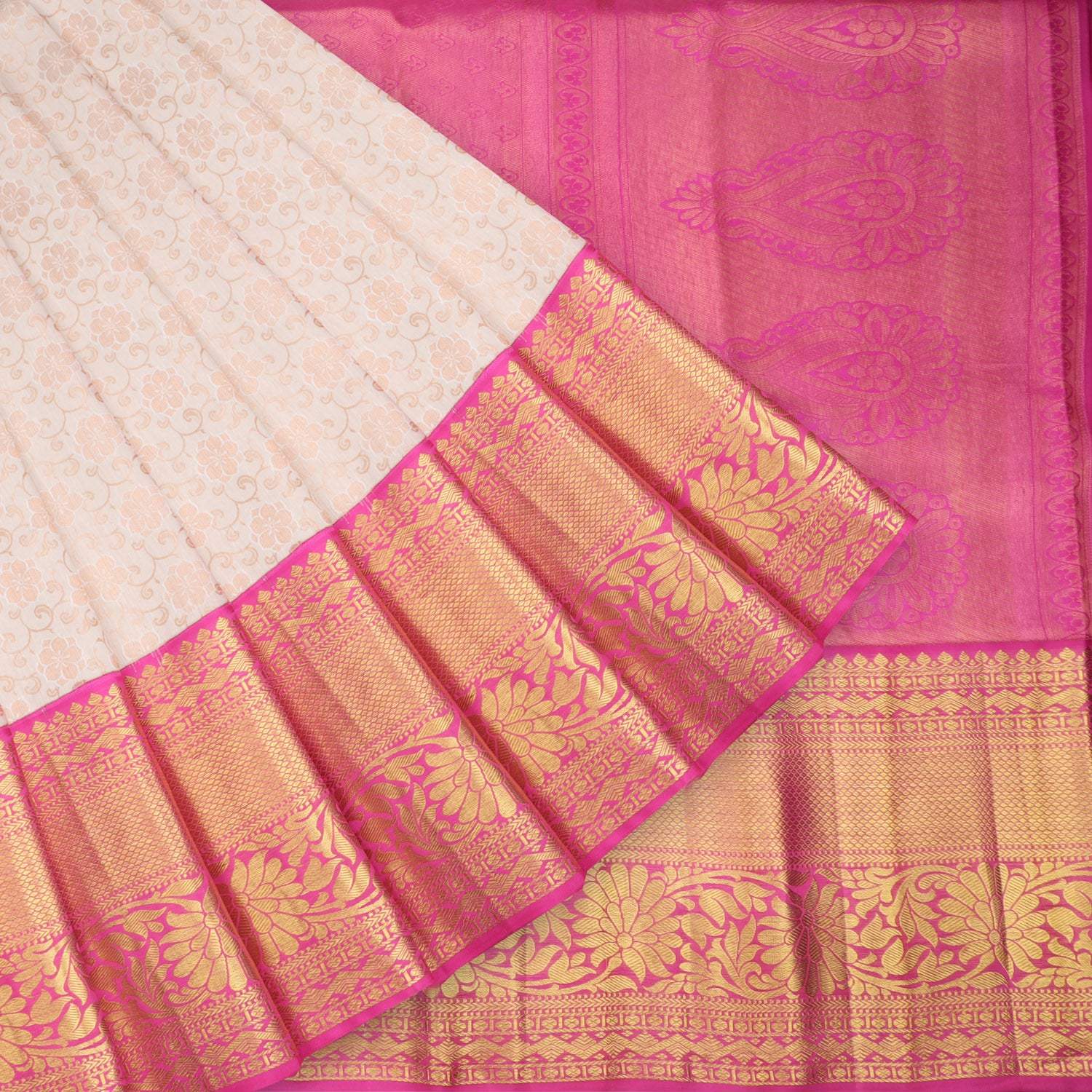Cream Sandal With Magenta Pink Colour Gold Zari Wedding Silks saree – GRB  Silks
