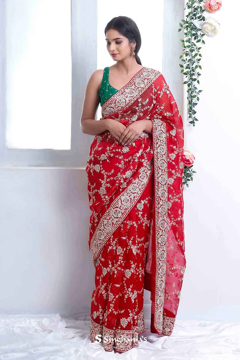 Crimson Red Organza Saree With Floral Embroidery – Cherrypick