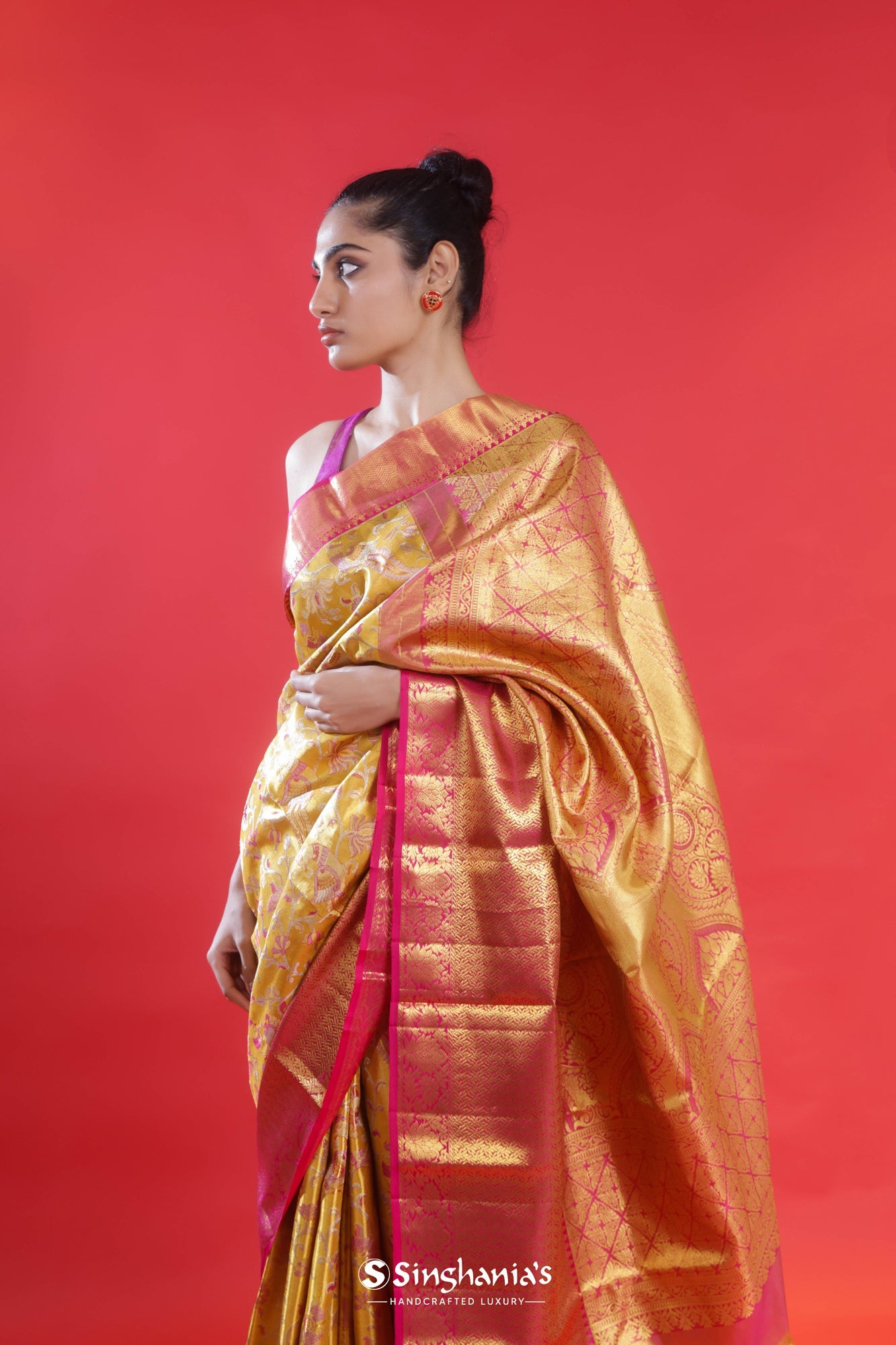 Golden Yellow Kanjivaram Pattu Silk Saree for Woman With Embossed Real  Swarovski Crystals on Border and Pallu Premium Sarees by TST - Etsy