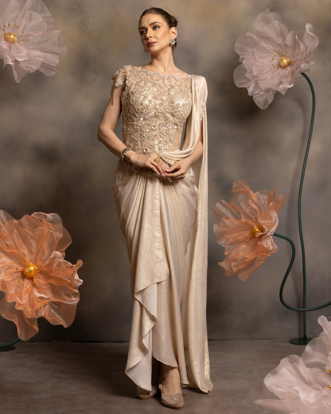 Russian Fabric Ensemble with Cord-Fit Heavy Blouse & Tulip Skirt Drape