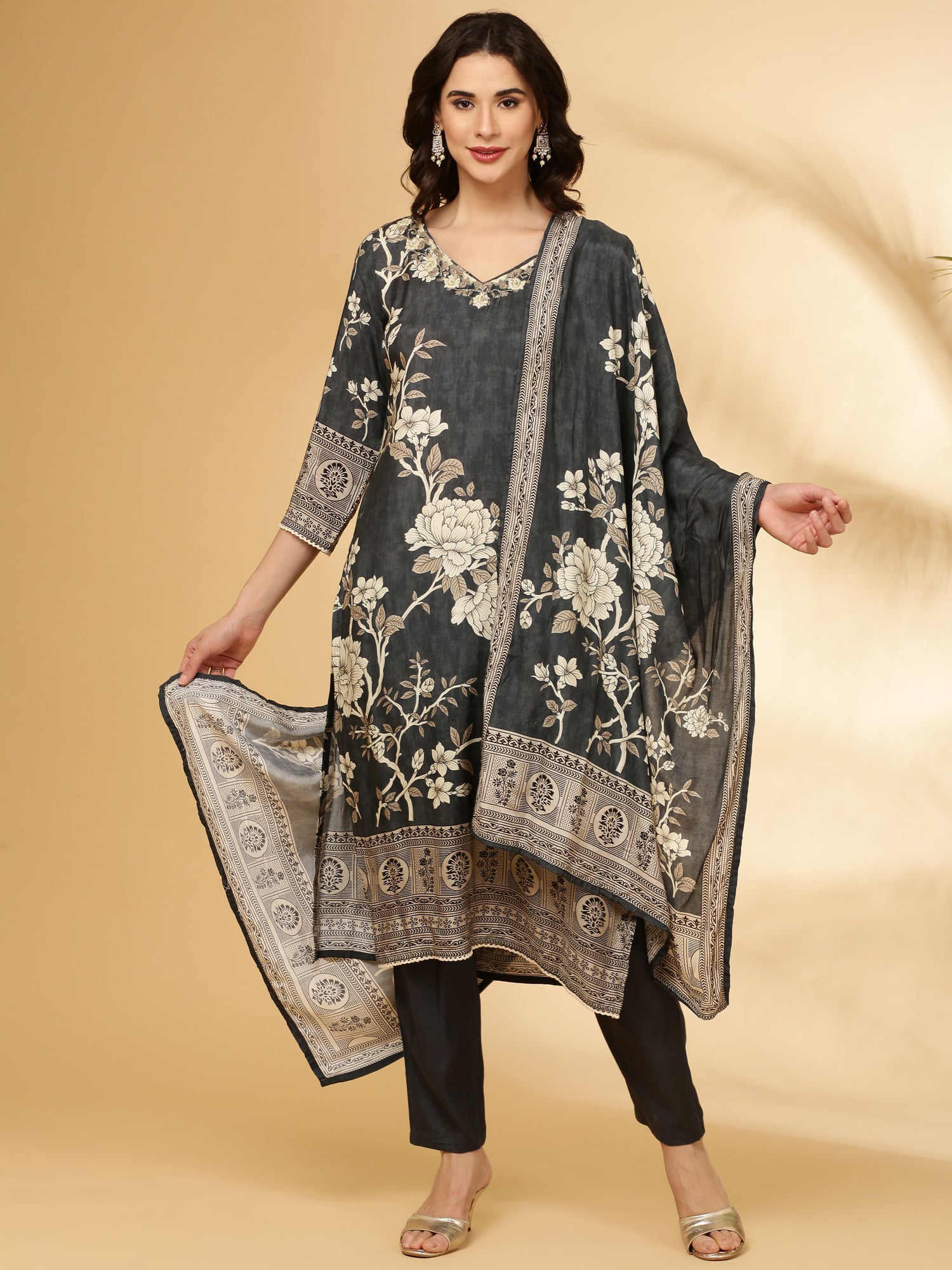 Grey Muslin Floral Printed Three Piece Set