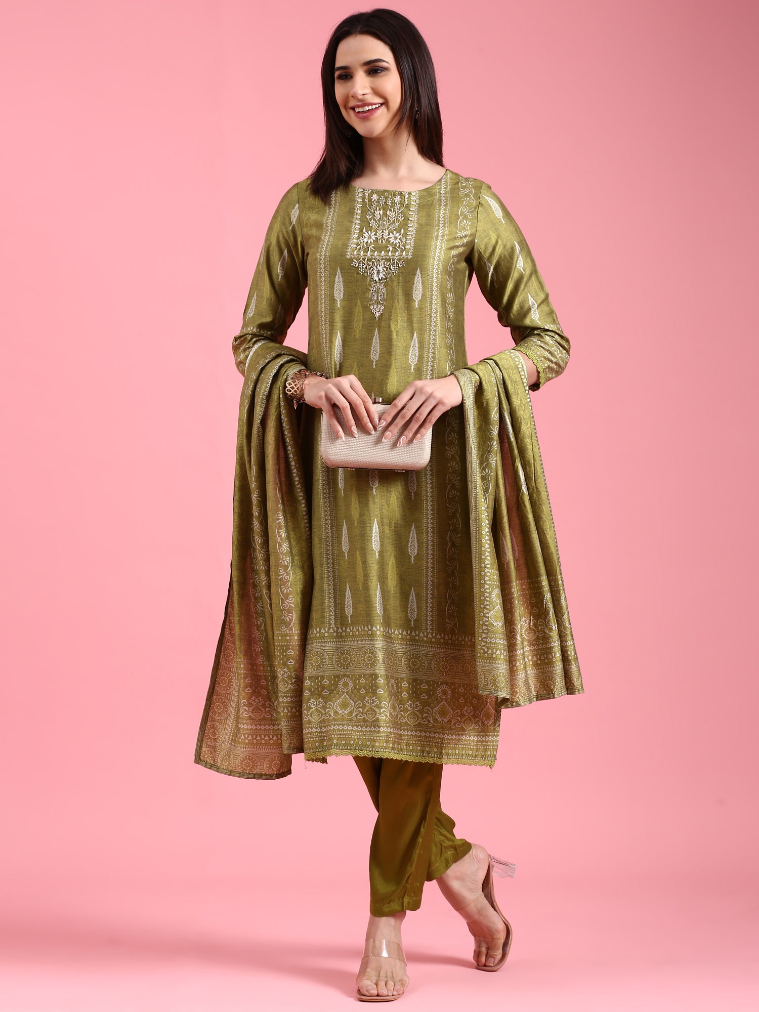 Green Organza Printed Embroidered Three Piece Set