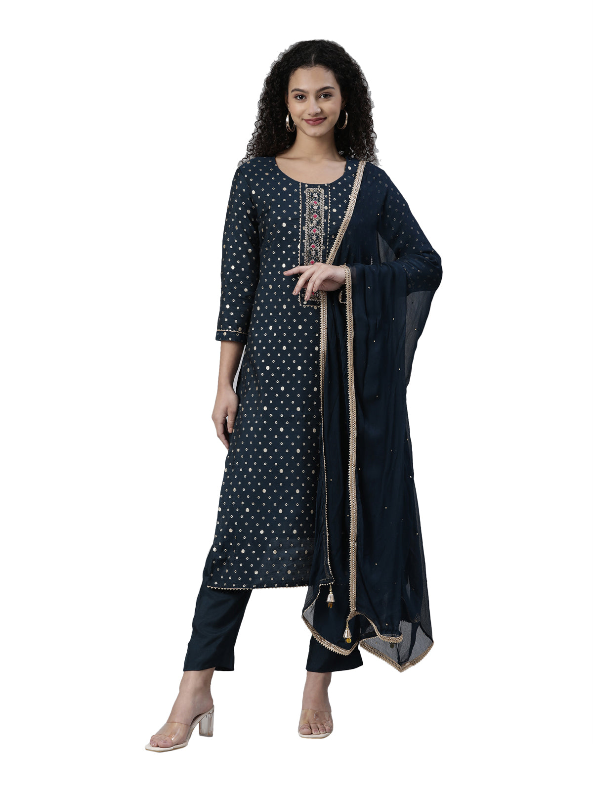 Neeru's Blue Regular Knee Length Printed Readymade Suits